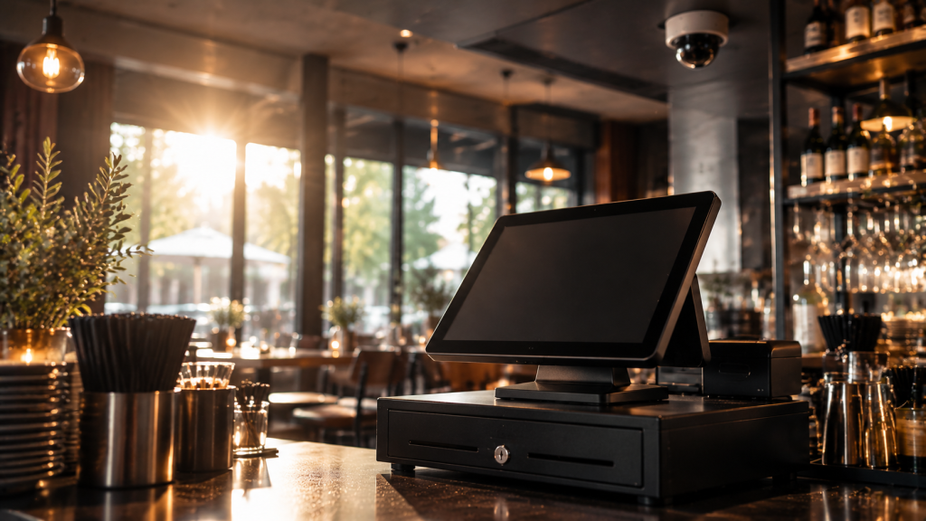 Point of sale terminal on a counter with strong window light coming from behind