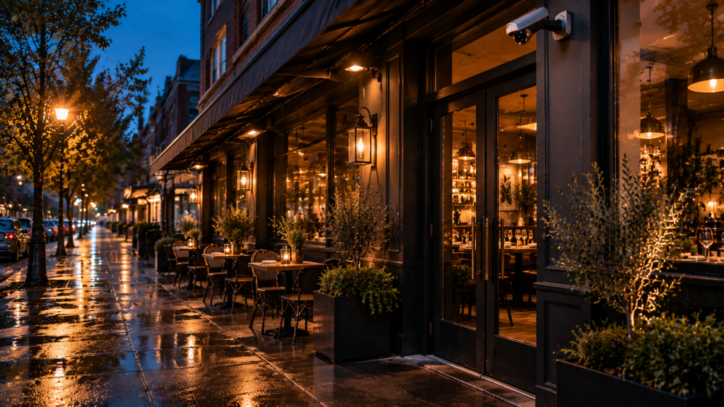 Small restaurant at dusk with outdoor seating and a camera mounted above the entrance