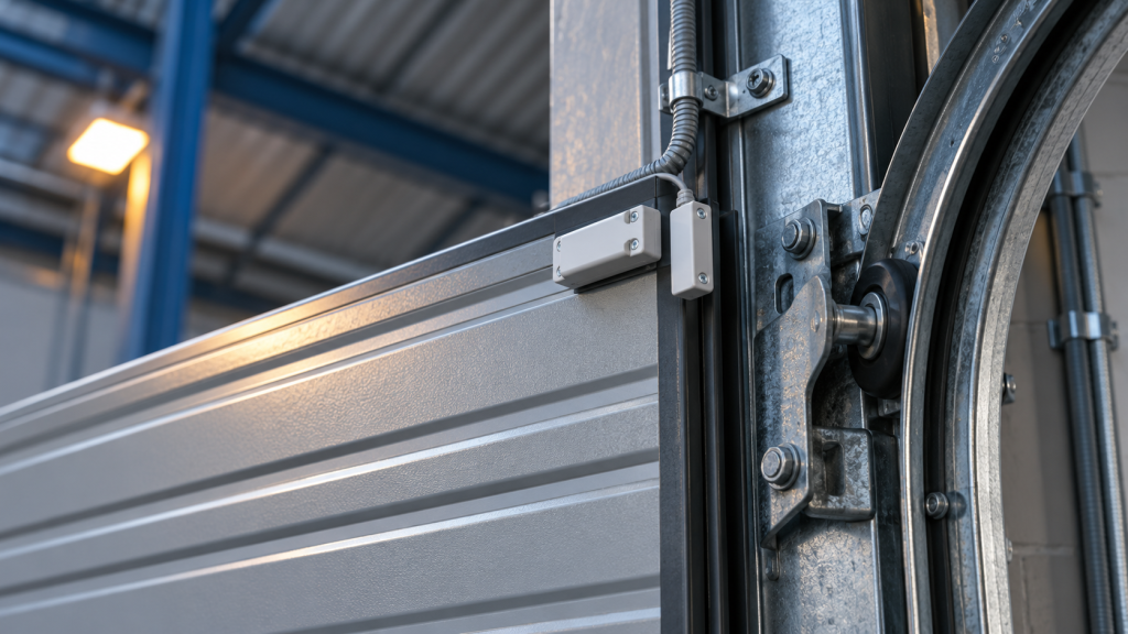 Contact sensor mounted at the corner of a large sectional door beside the track hardware