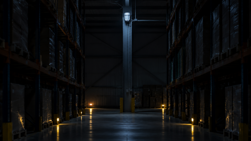 Warehouse aisle at night with a motion detector mounted high on a beam at the far end