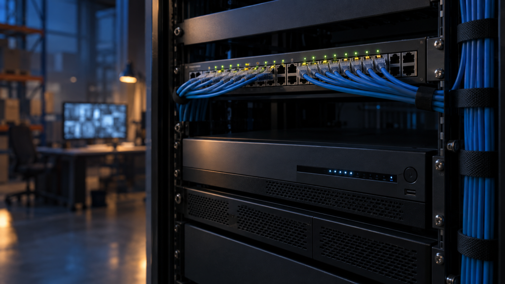 Equipment rack with a video recorder and patch panel, status lights lit along the front