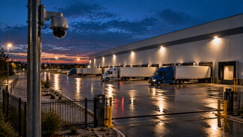 Camera on a pole overlooking a warehouse yard and approach road at dusk