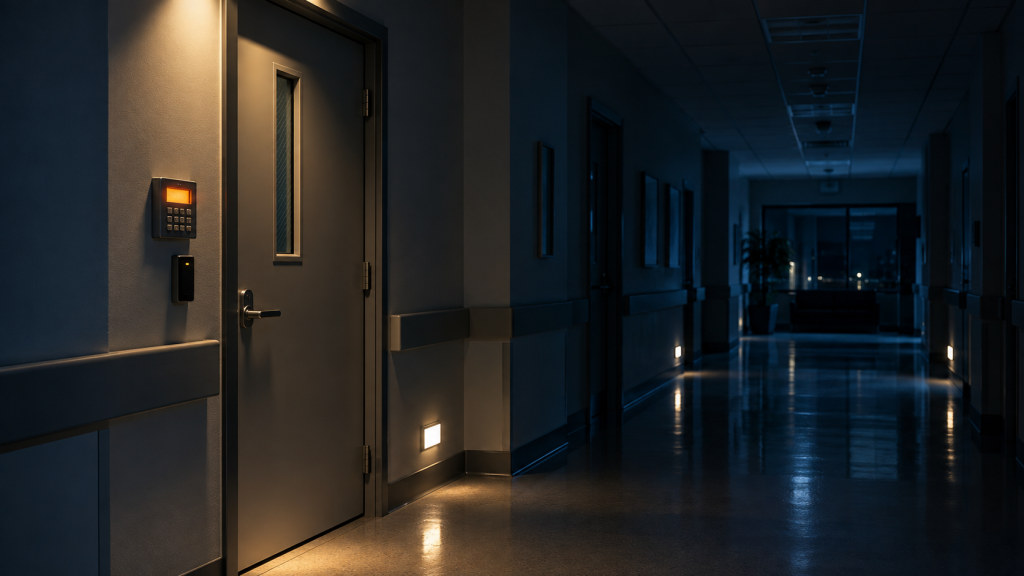 Closed storage room door at night with a keypad and reader lit beside the frame