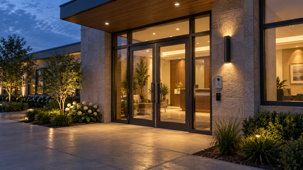 Entrance to a small medical building at dusk with an intercom and reader beside glass doors