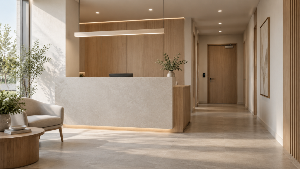 Empty clinic reception looking toward a closed corridor door with a reader beside it