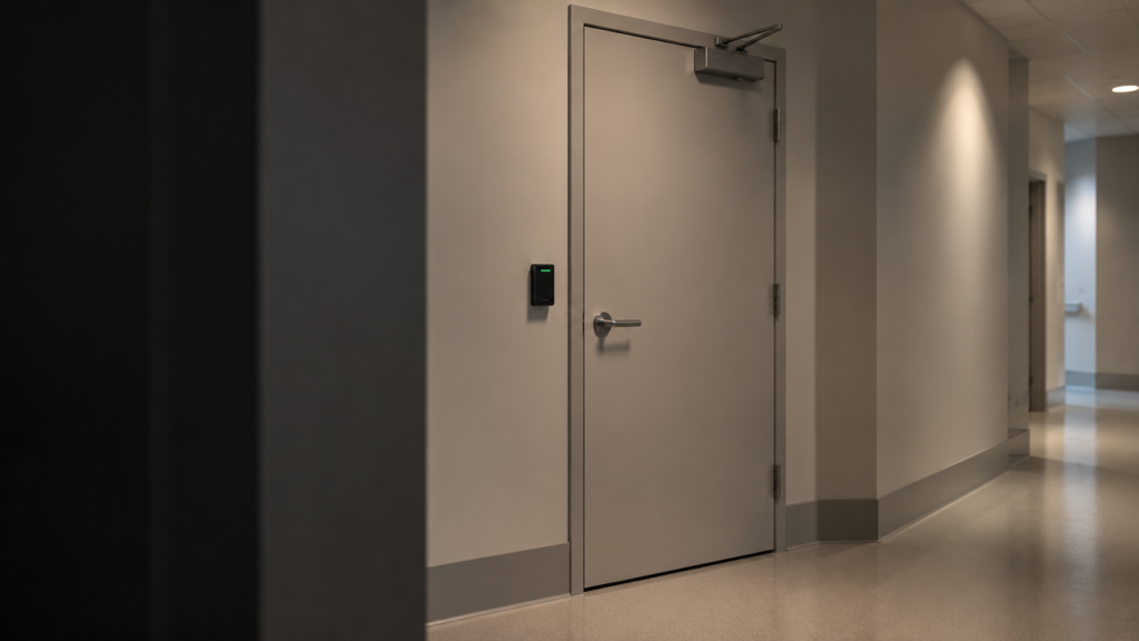 Closed storage room door in a clinic corridor with a reader beside the frame