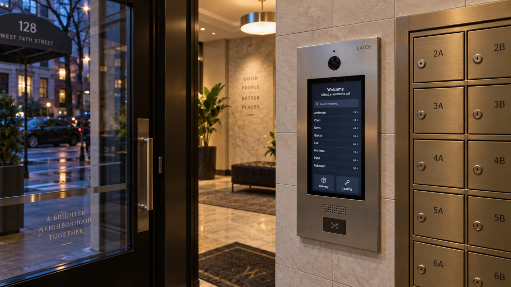 IP video intercom panel at the entrance of a New York apartment building