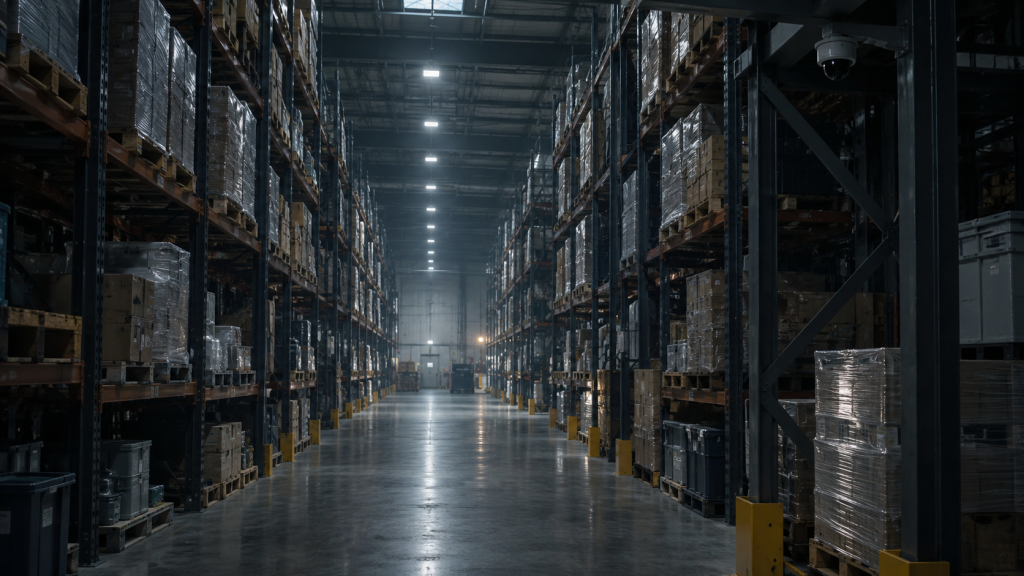 Warehouse interior with tall racking rows and a camera mounted on a structural beam above