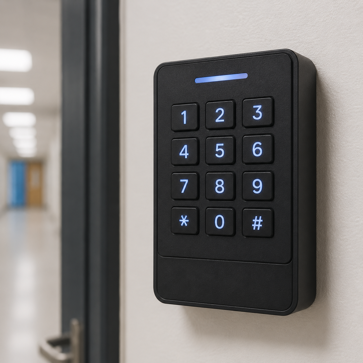 Modern keypad in a corridor setup Modern keypad in a corridor setup