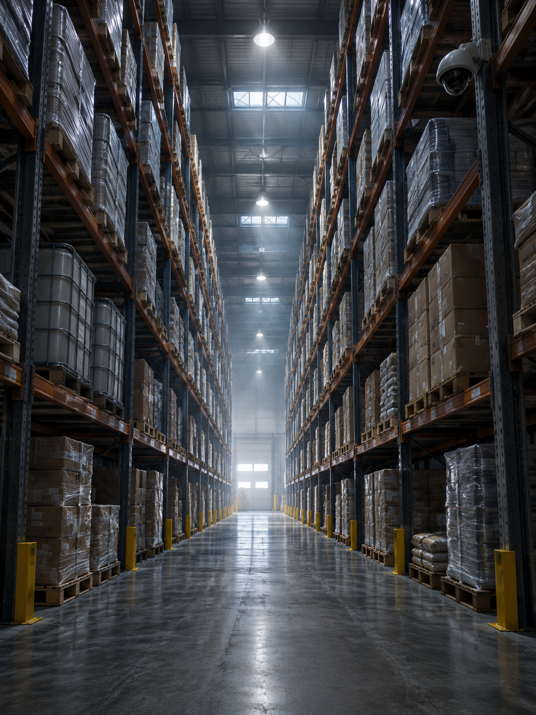 Warehouse aisle between tall pallet racking with stacked goods on both sides