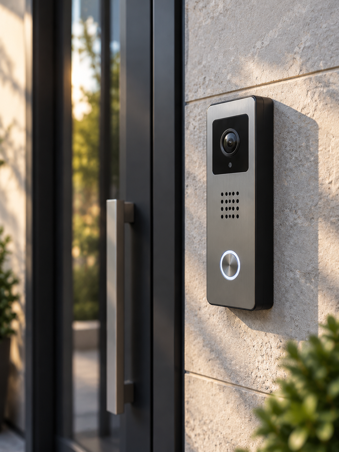Video intercom call station mounted on an exterior wall beside a door frame