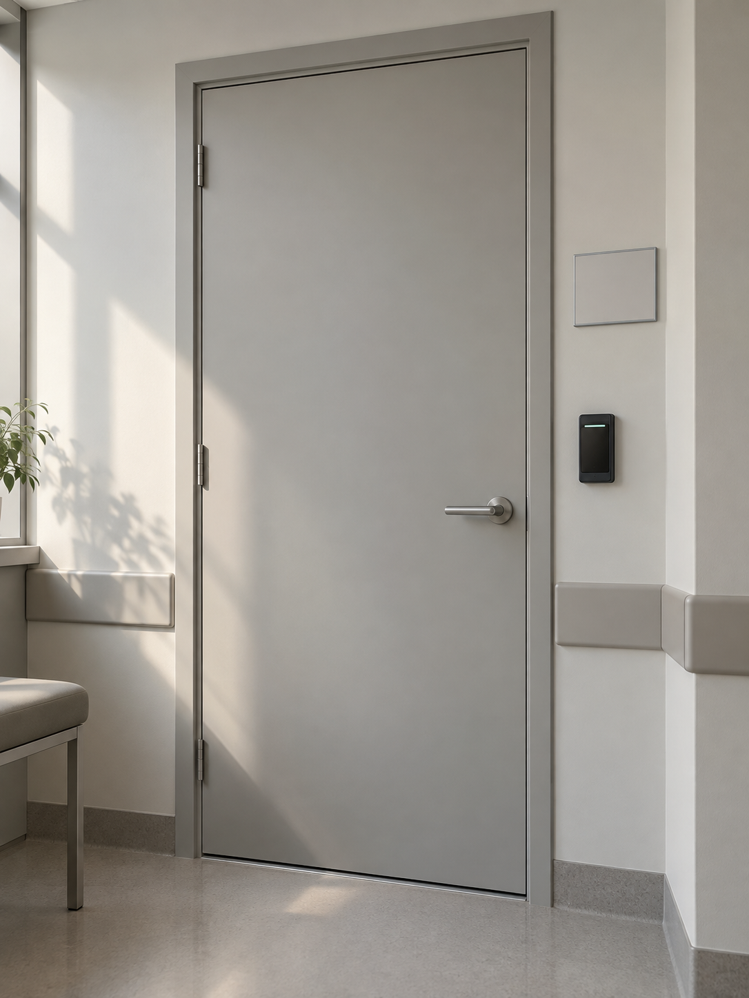 Closed interior door in a medical facility with a card reader mounted on the wall beside it