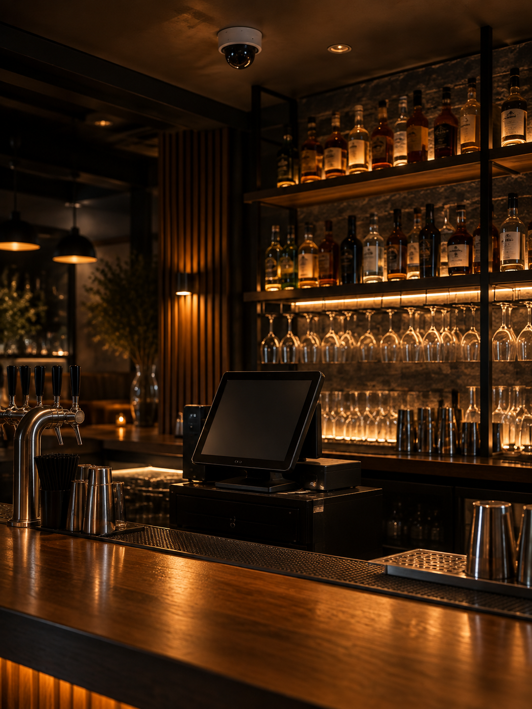 Bar counter at closing time with a register terminal and a dome camera on the ceiling above