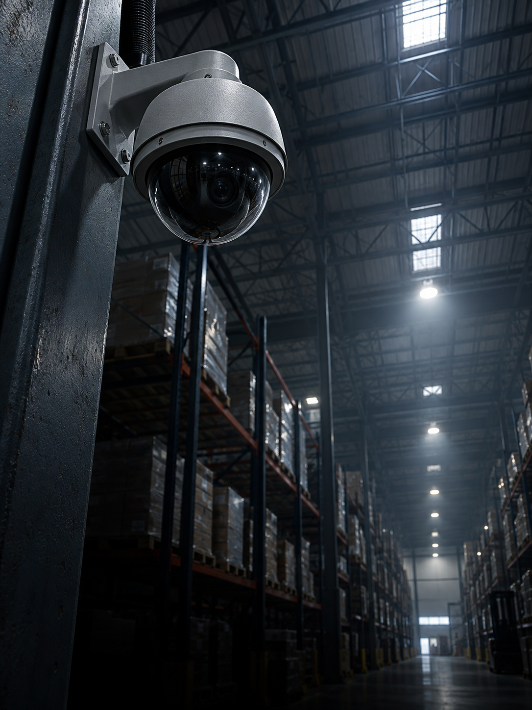 Dome camera mounted high on a steel column with warehouse racking below