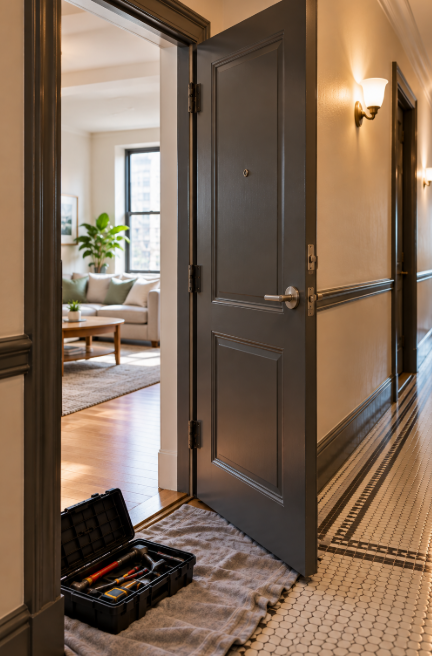 Open apartment door with a small toolbox and a folded gray cloth on the floor at the threshold