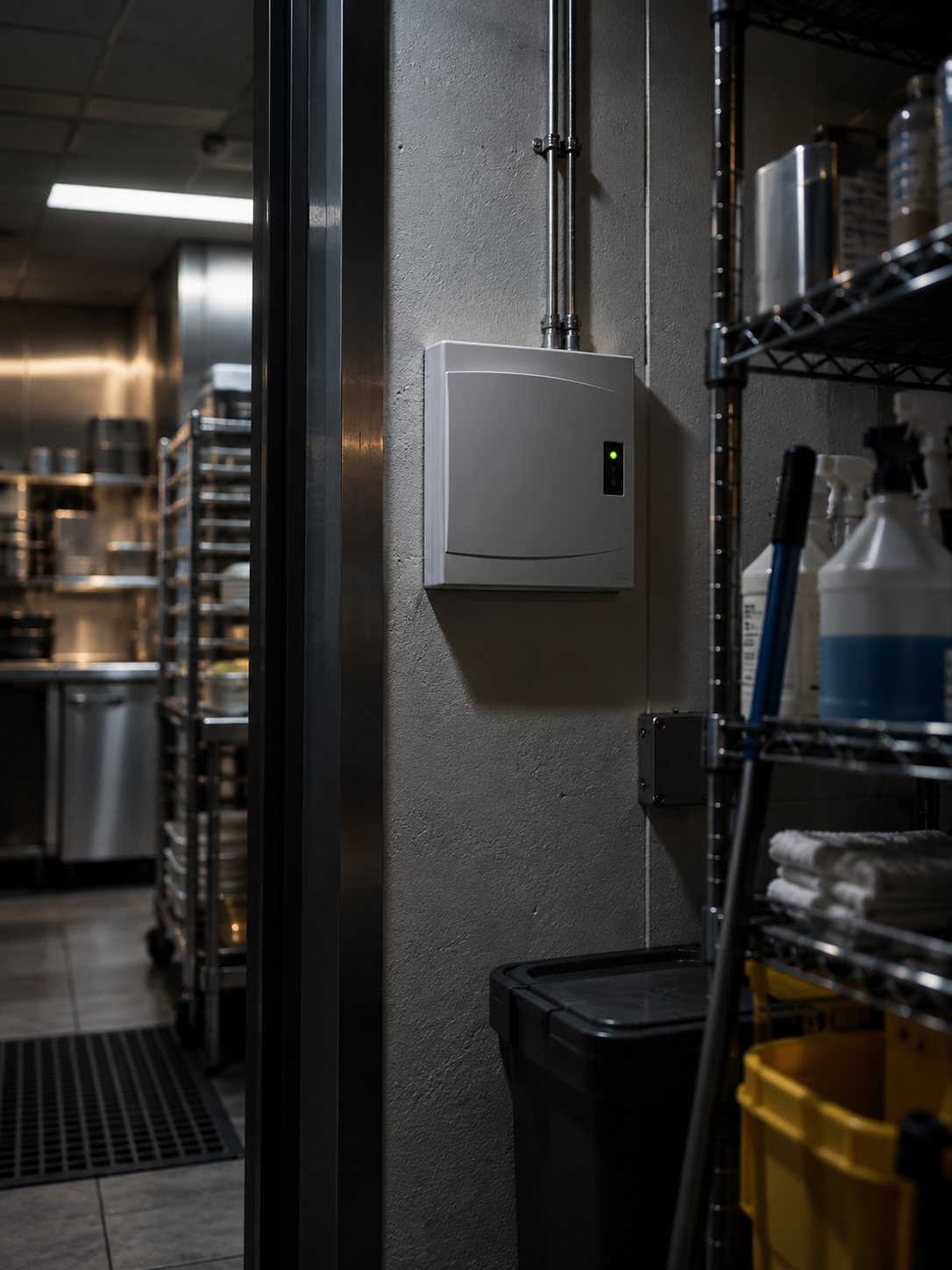 Alarm control panel mounted on a utility room wall with conduit running above it