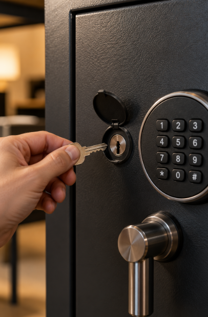 Hand holding a small silver key beside an open keyhole cover next to the keypad on a dark gray safe door