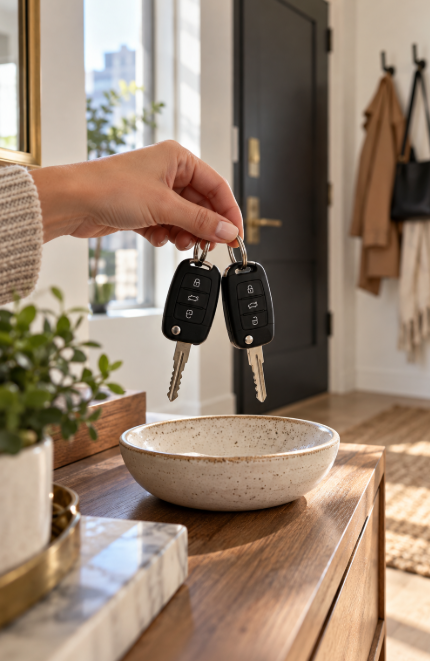 Hand holding two matching car keys above a ceramic bowl on a wooden table in an apartment entryway