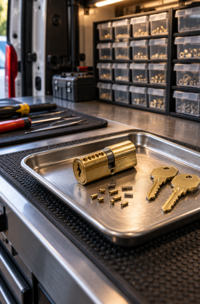 Brass lock cylinder on a parts tray beside small brass pins and two new keys on a workbench