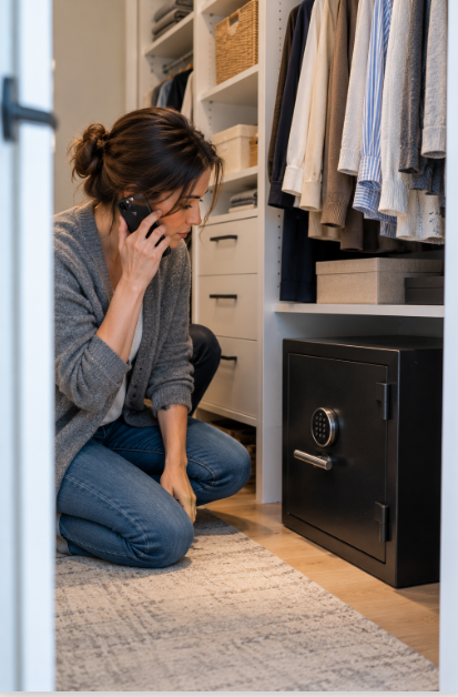 Woman in a gray cardigan kneeling beside a small black safe in a walk-in closet, talking on the phone