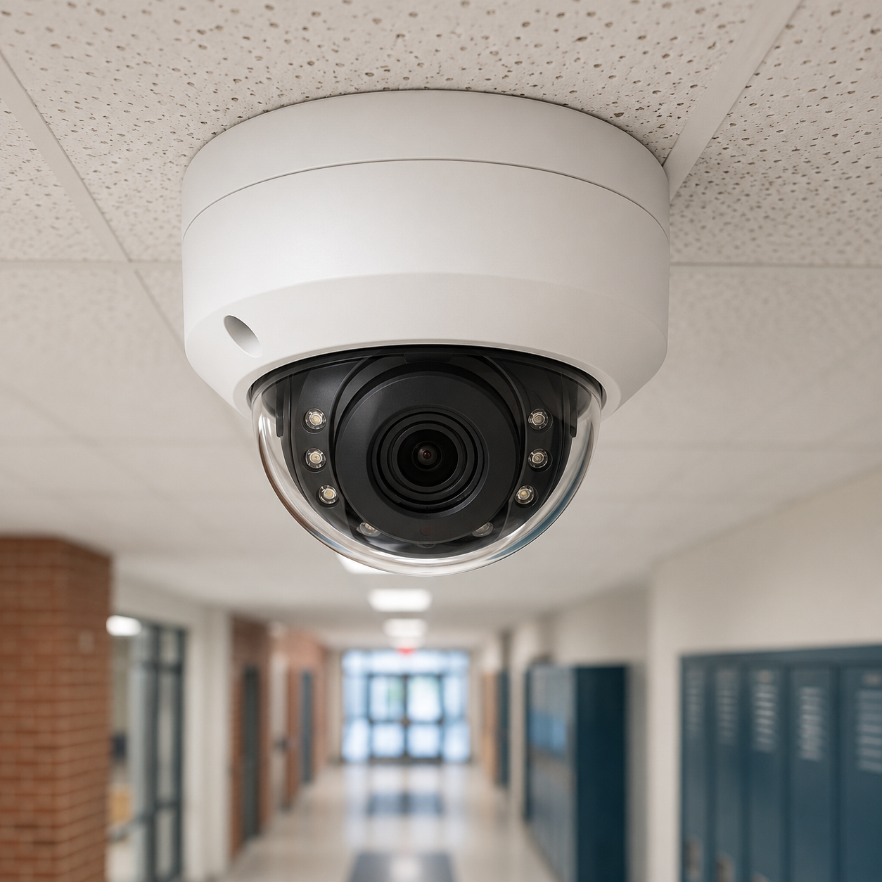 Security camera overhead in office hallway