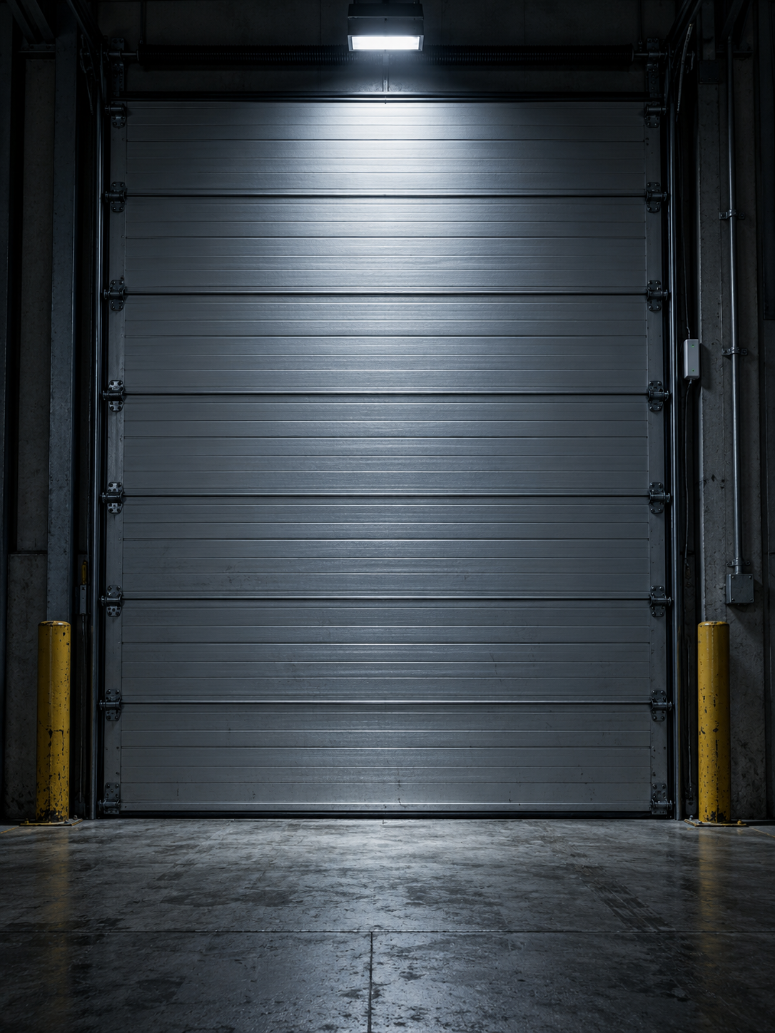 Closed sectional loading door seen from inside with a contact sensor at the edge of the opening