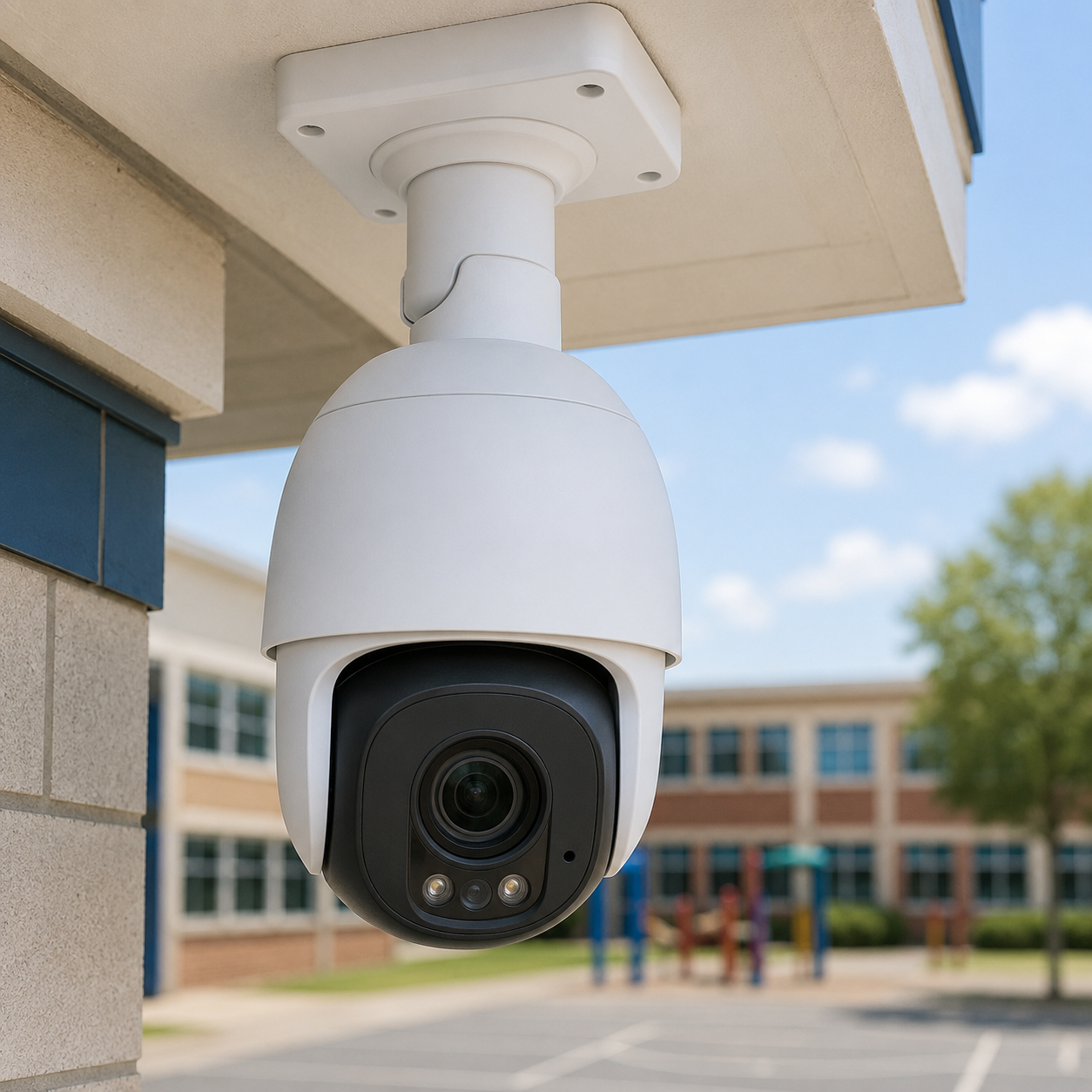 Campus security camera under bright sky