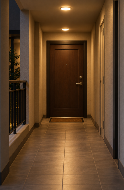 Closed apartment door with a deadbolt and lever handle at the end of a lit hallway