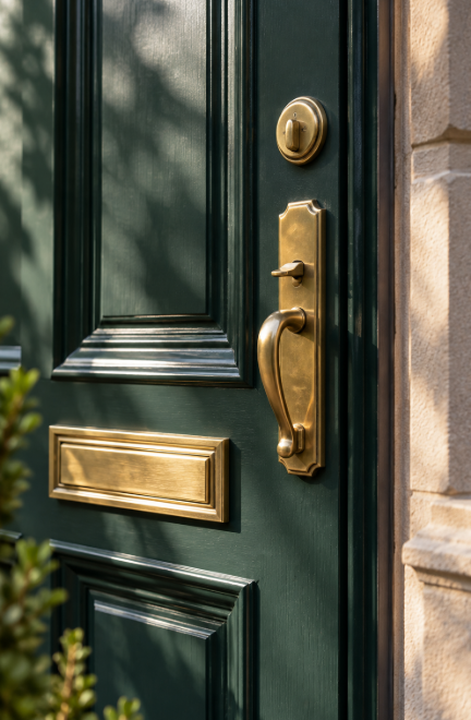 Dark green wooden front door with a brass handle set, a round brass deadbolt above, and a brass mail slot