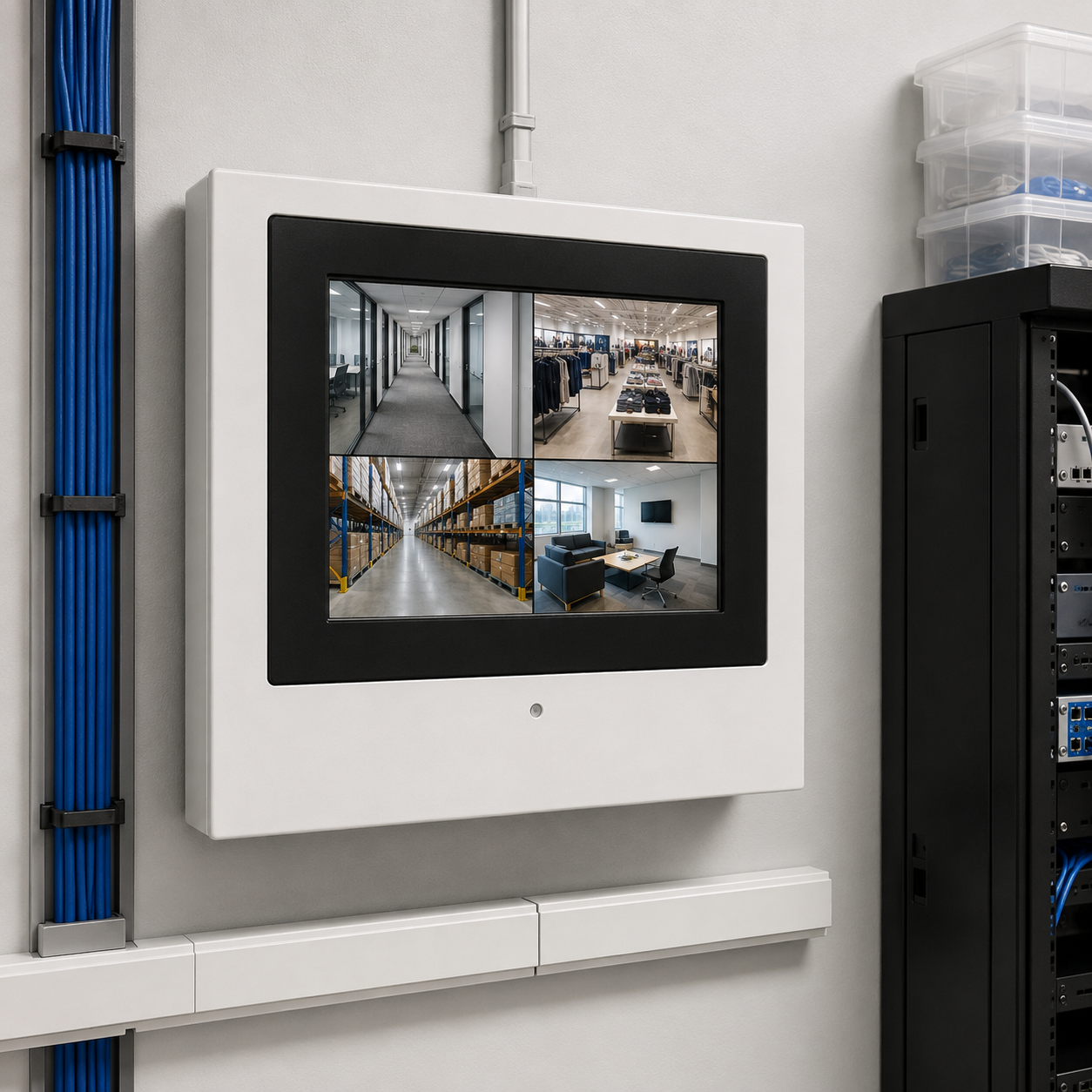 Modern utility room with surveillance display