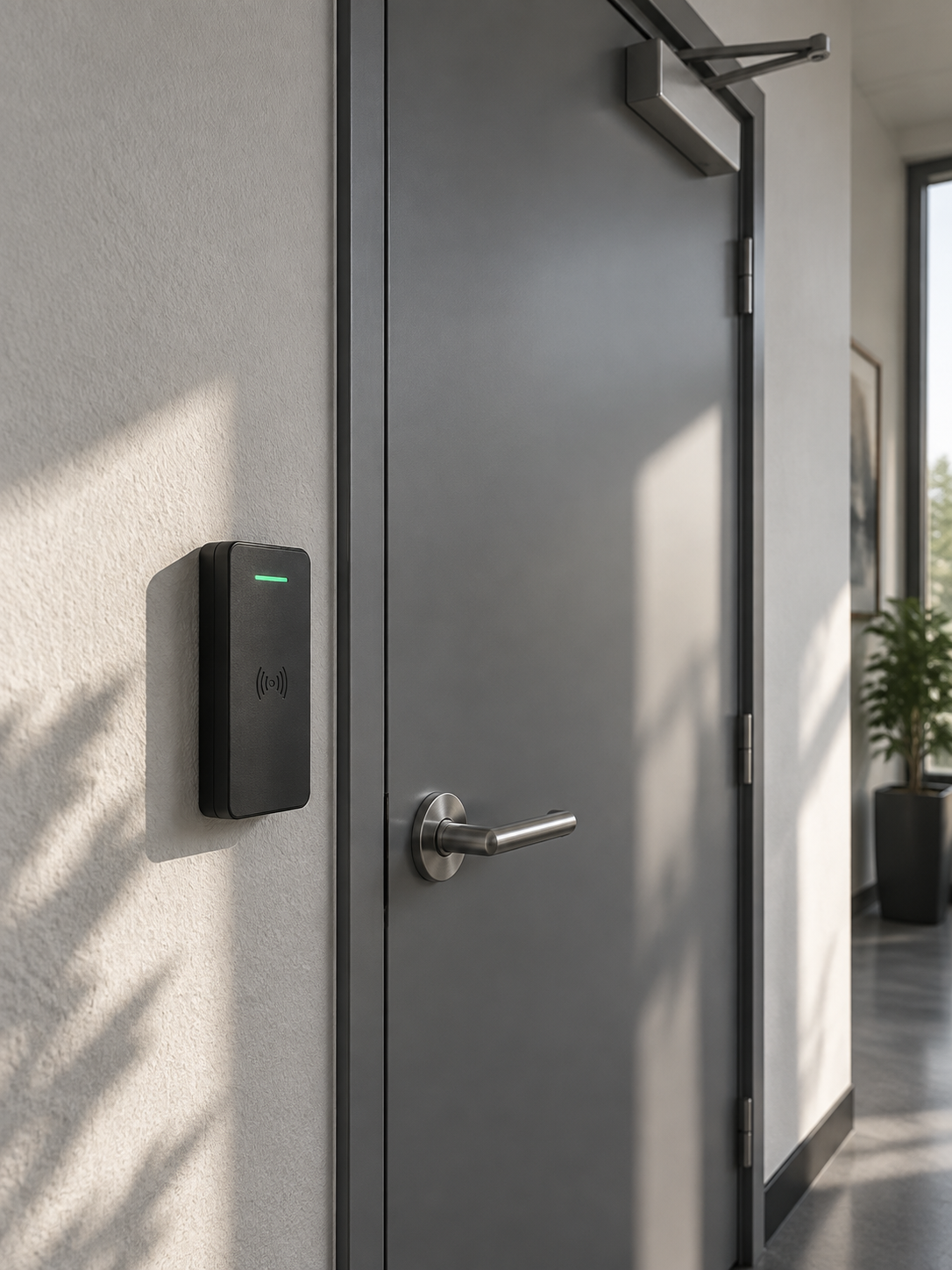 Card reader mounted at handle height beside a closed interior door